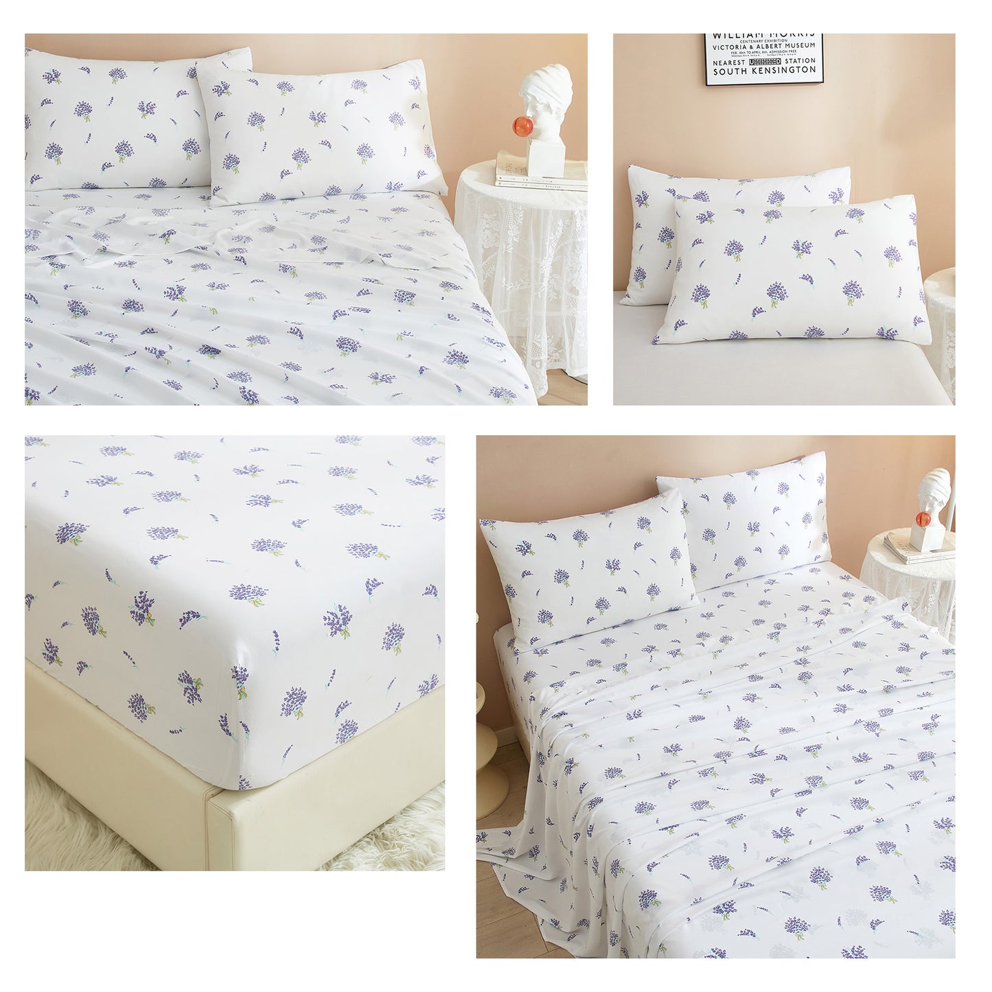 AMWAN Floral Queen Size Sheets Set White 4 Piece - Extra Deep Pocket Queen Sheets - Soft Flat Sheet - Cooling Bed Sheets Purple Floral Super Soft with Fitted Sheet,2 Pillowcases Set (Queen,Floral)