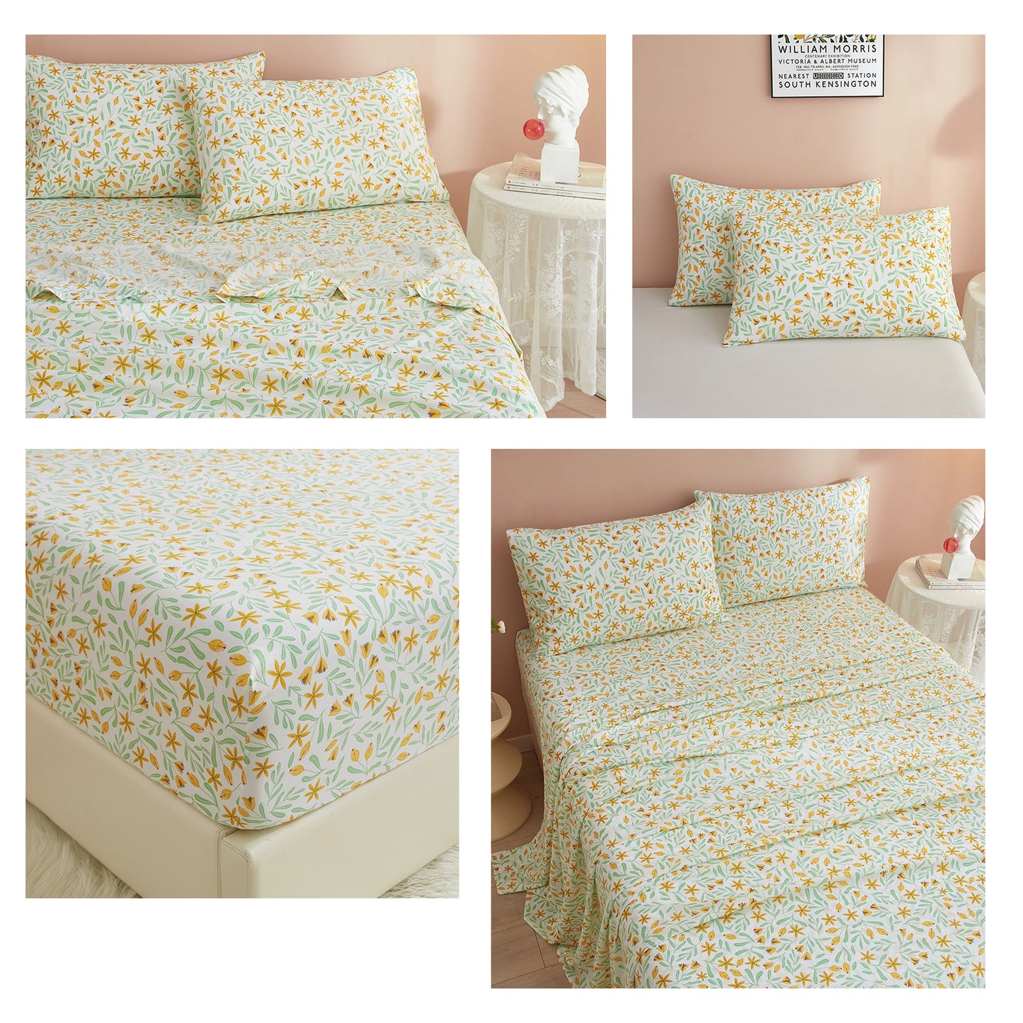 AMWAN Yellow Floral Queen Size Sheets Set 4 Piece - Extra Deep Pocket Queen Sheets - Soft Flat Sheet - Cooling Bed Sheets Super Soft with Fitted Sheet,2 Pillowcases Set (Queen,Floral)