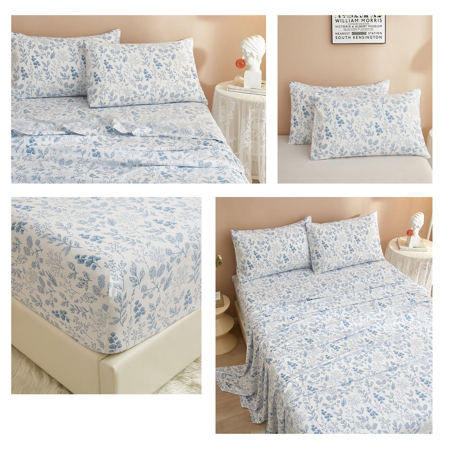 AMWAN Luxury Soft Queen Sheets Set White - Vintage Floral Sheets Cooling Bed Sheets Queen - 4 Piece Blue Floral Sheet Set - 16" Extra Deep Pocket Sheets,Breathable & Soft Sheets (Queen,Boho Floral)