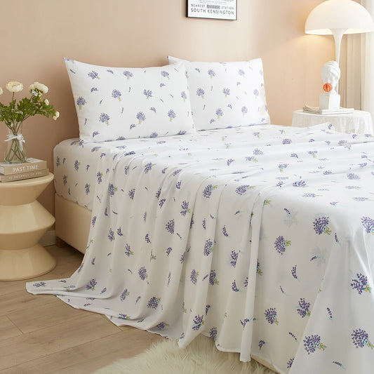 AMWAN Floral Queen Size Sheets Set White 4 Piece - Extra Deep Pocket Queen Sheets - Soft Flat Sheet - Cooling Bed Sheets Purple Floral Super Soft with Fitted Sheet,2 Pillowcases Set (Queen,Floral)