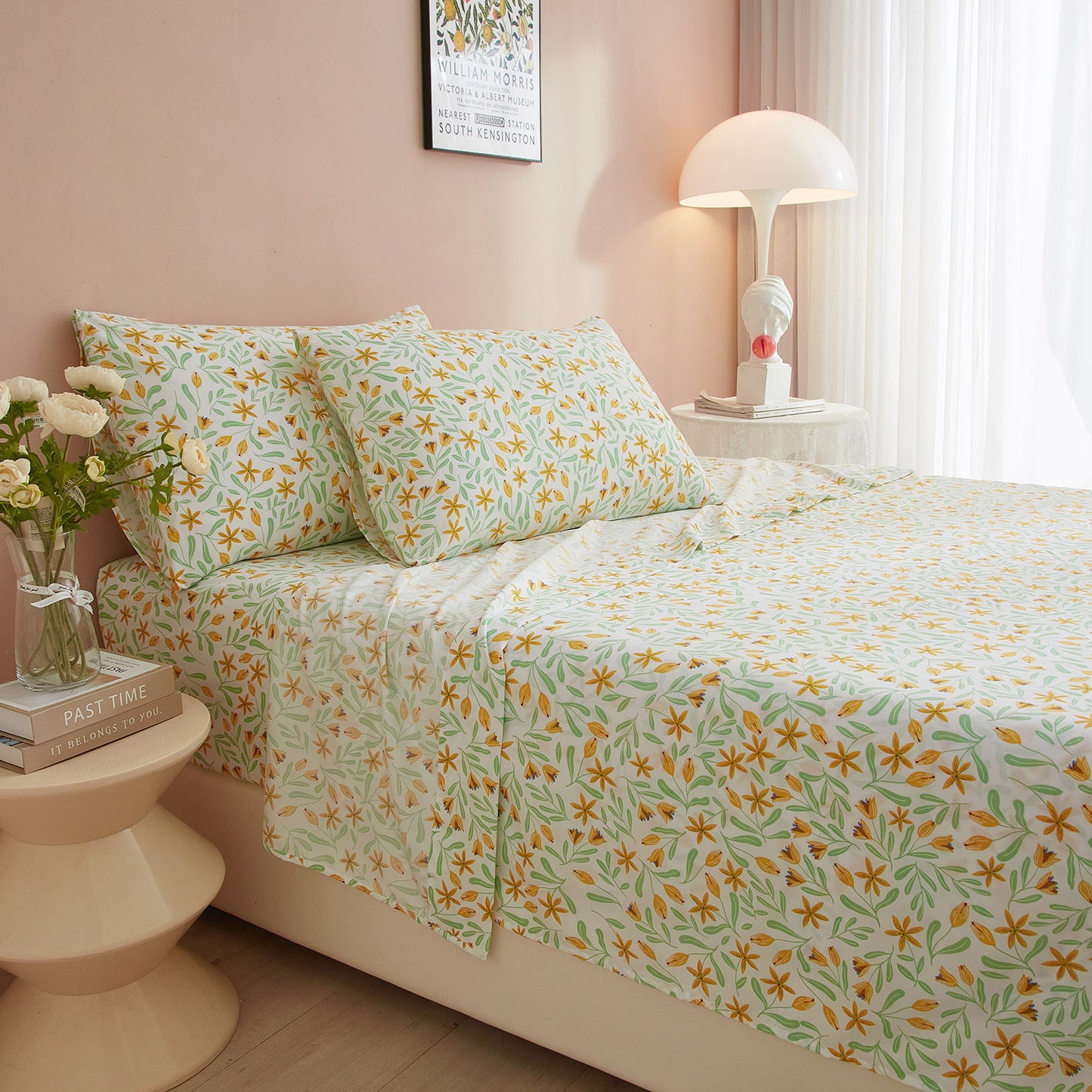 AMWAN Yellow Floral Queen Size Sheets Set 4 Piece - Extra Deep Pocket Queen Sheets - Soft Flat Sheet - Cooling Bed Sheets Super Soft with Fitted Sheet,2 Pillowcases Set (Queen,Floral)