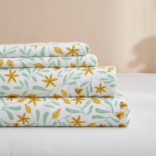 AMWAN Yellow Floral Queen Size Sheets Set 4 Piece - Extra Deep Pocket Queen Sheets - Soft Flat Sheet - Cooling Bed Sheets Super Soft with Fitted Sheet,2 Pillowcases Set (Queen,Floral)