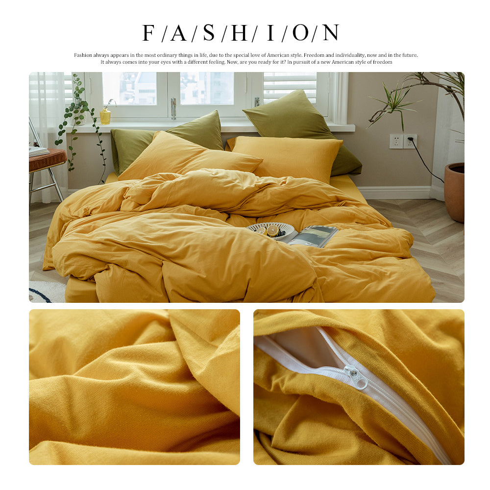 AMWAN 3 PCS Solid Yellow Duvet Cover Queen Jersey Knit Cotton Bedding Set