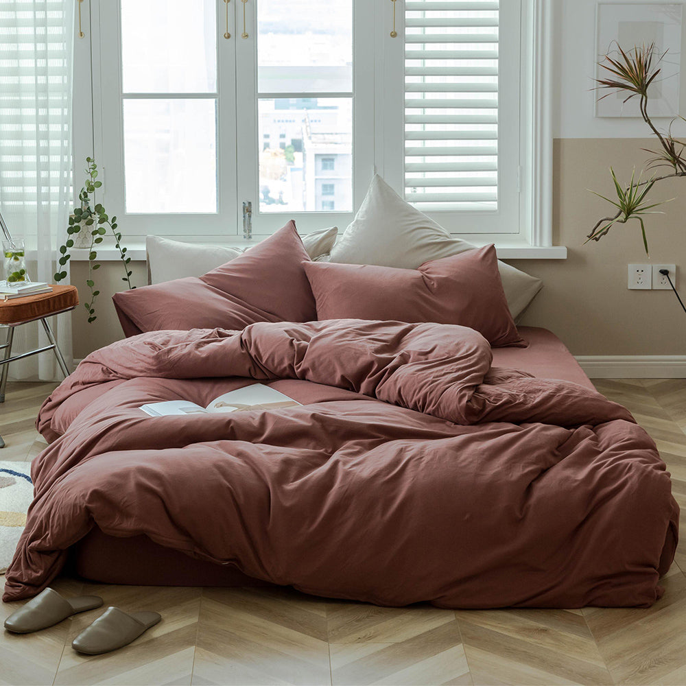 AMWAN Solid Brick Red Duvet Cover Queen Soft 100% Jersey Knit Cotton Bedding Set