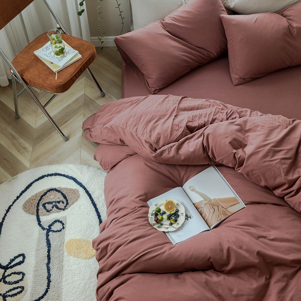 AMWAN Solid Brick Red Duvet Cover Queen Soft 100% Jersey Knit Cotton Bedding Set
