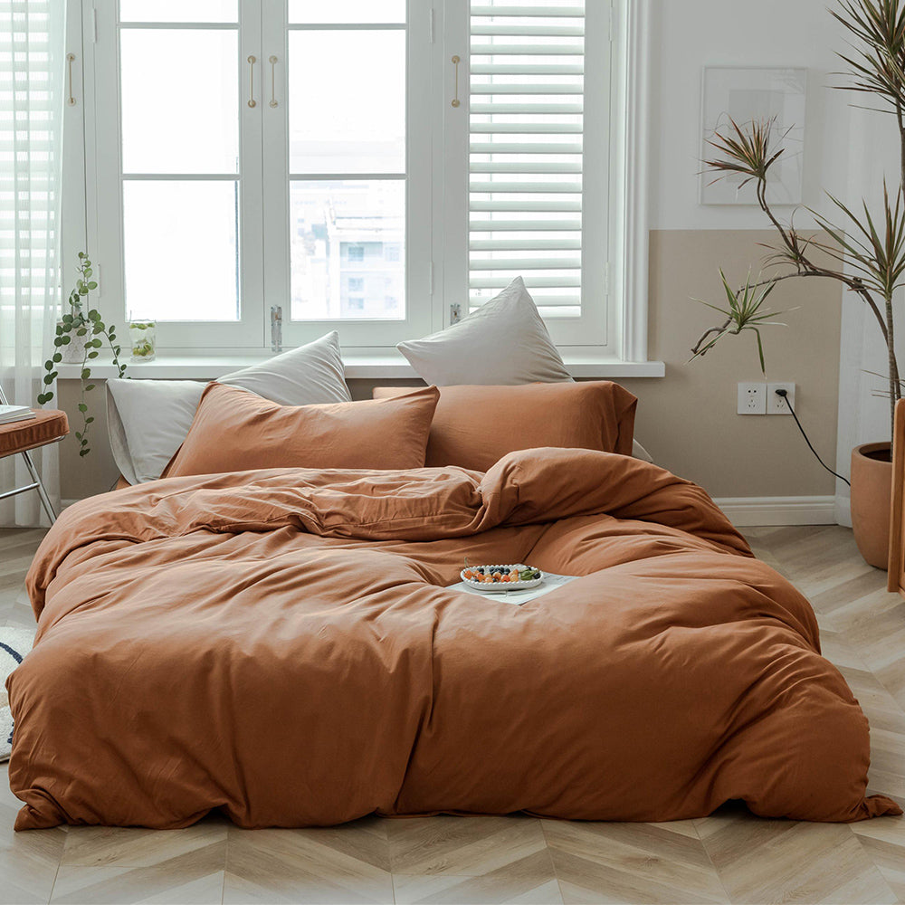 AMWAN Jersey Knit Cotton Duvet Cover Set Solid Pumpkin Color Bedding Set