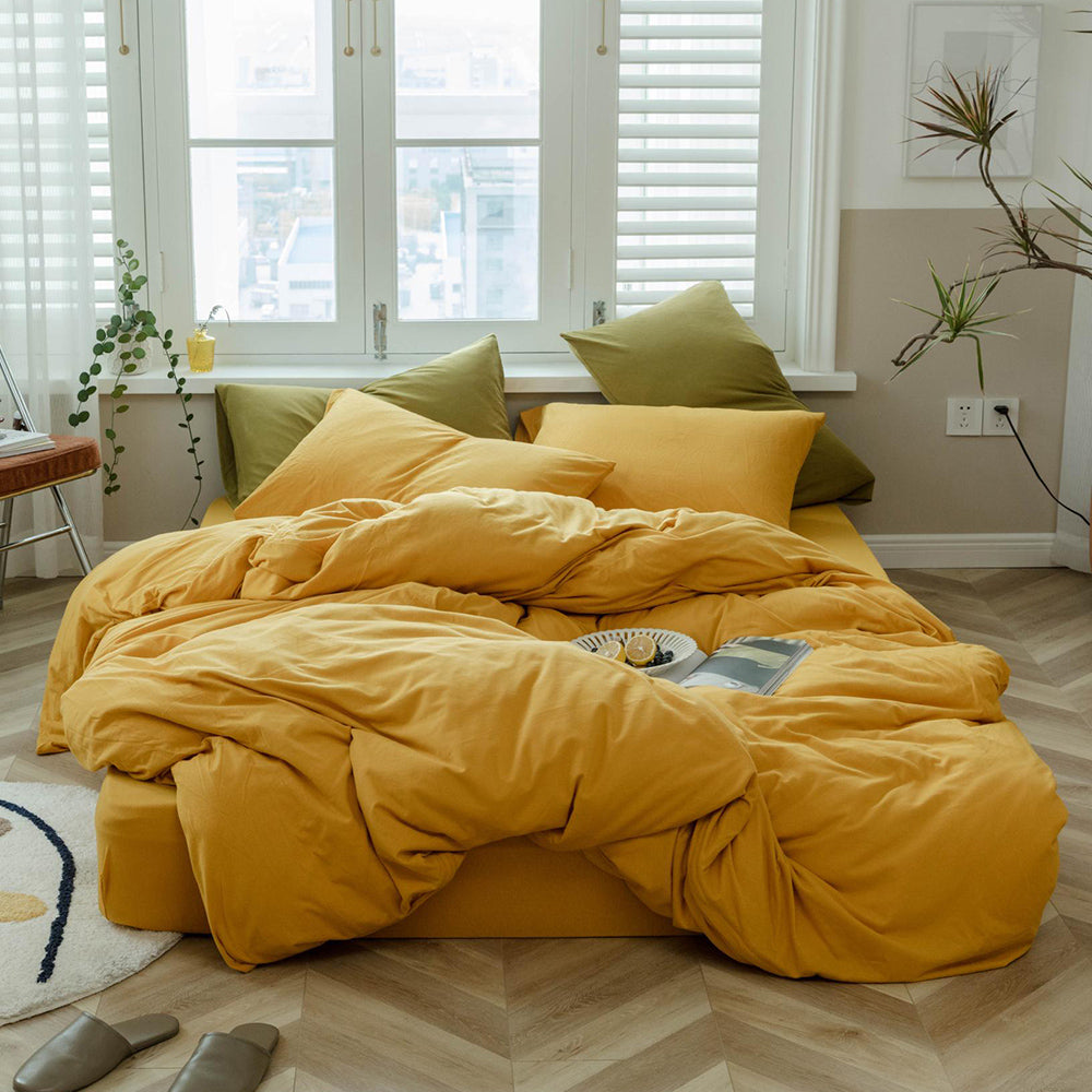 AMWAN 3 PCS Solid Yellow Duvet Cover Queen Jersey Knit Cotton Bedding Set