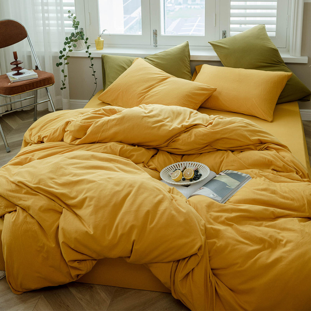 AMWAN 3 PCS Solid Yellow Duvet Cover Queen Jersey Knit Cotton Bedding Set