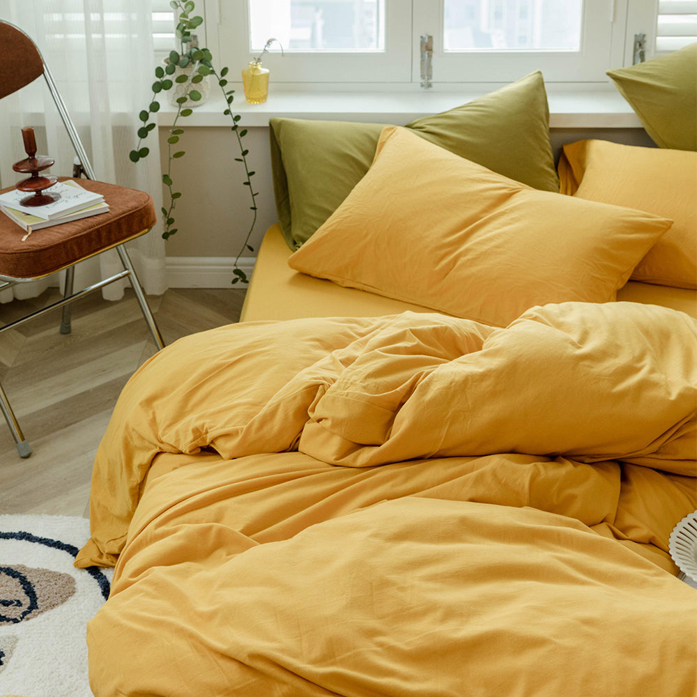 AMWAN 3 PCS Solid Yellow Duvet Cover Queen Jersey Knit Cotton Bedding Set