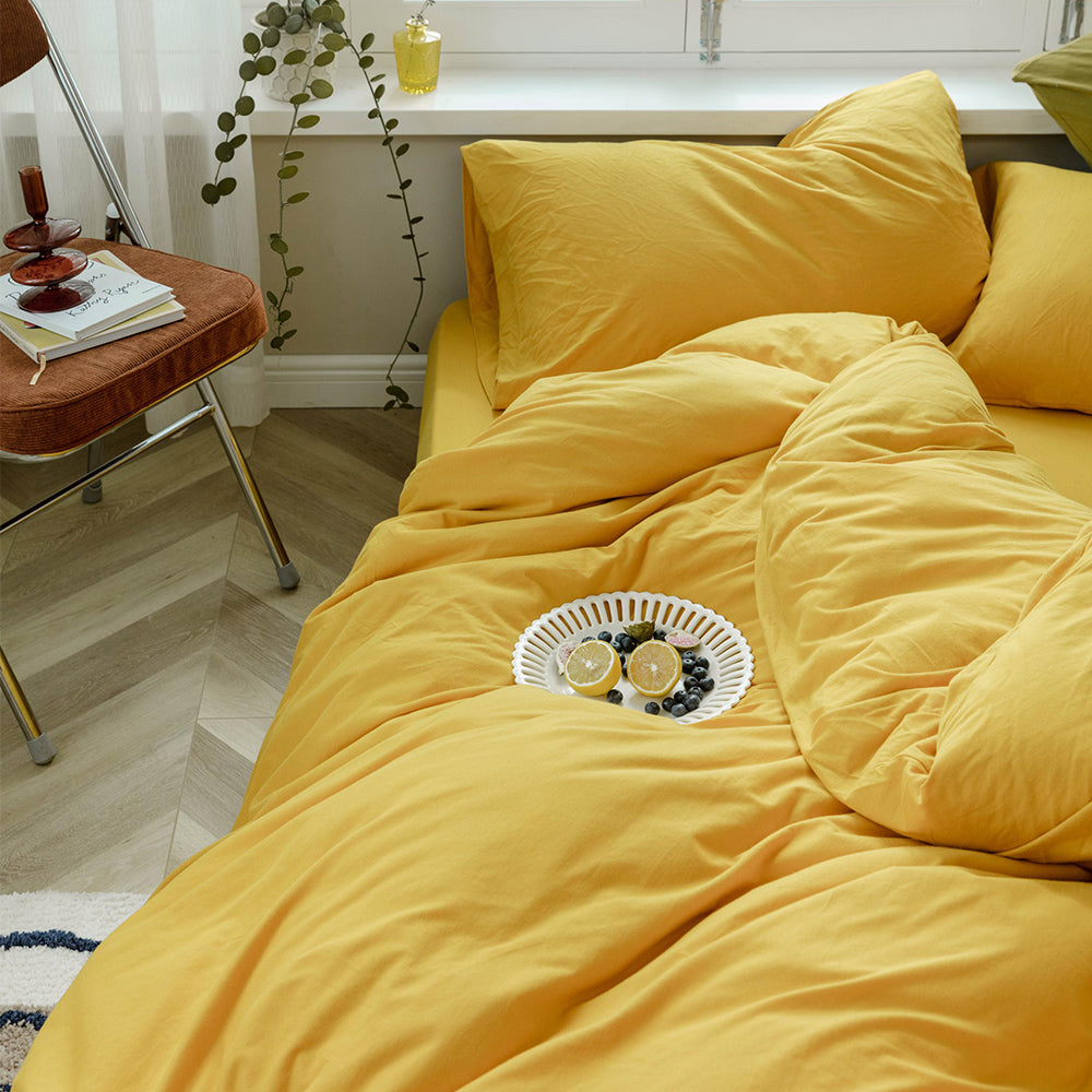 AMWAN 3 PCS Solid Yellow Duvet Cover Queen Jersey Knit Cotton Bedding Set