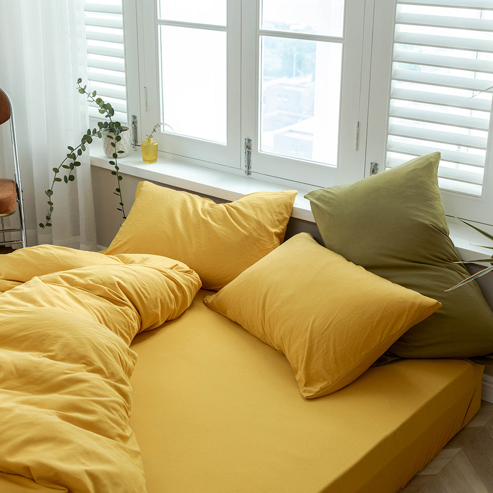 AMWAN 3 PCS Solid Yellow Duvet Cover Queen Jersey Knit Cotton Bedding Set