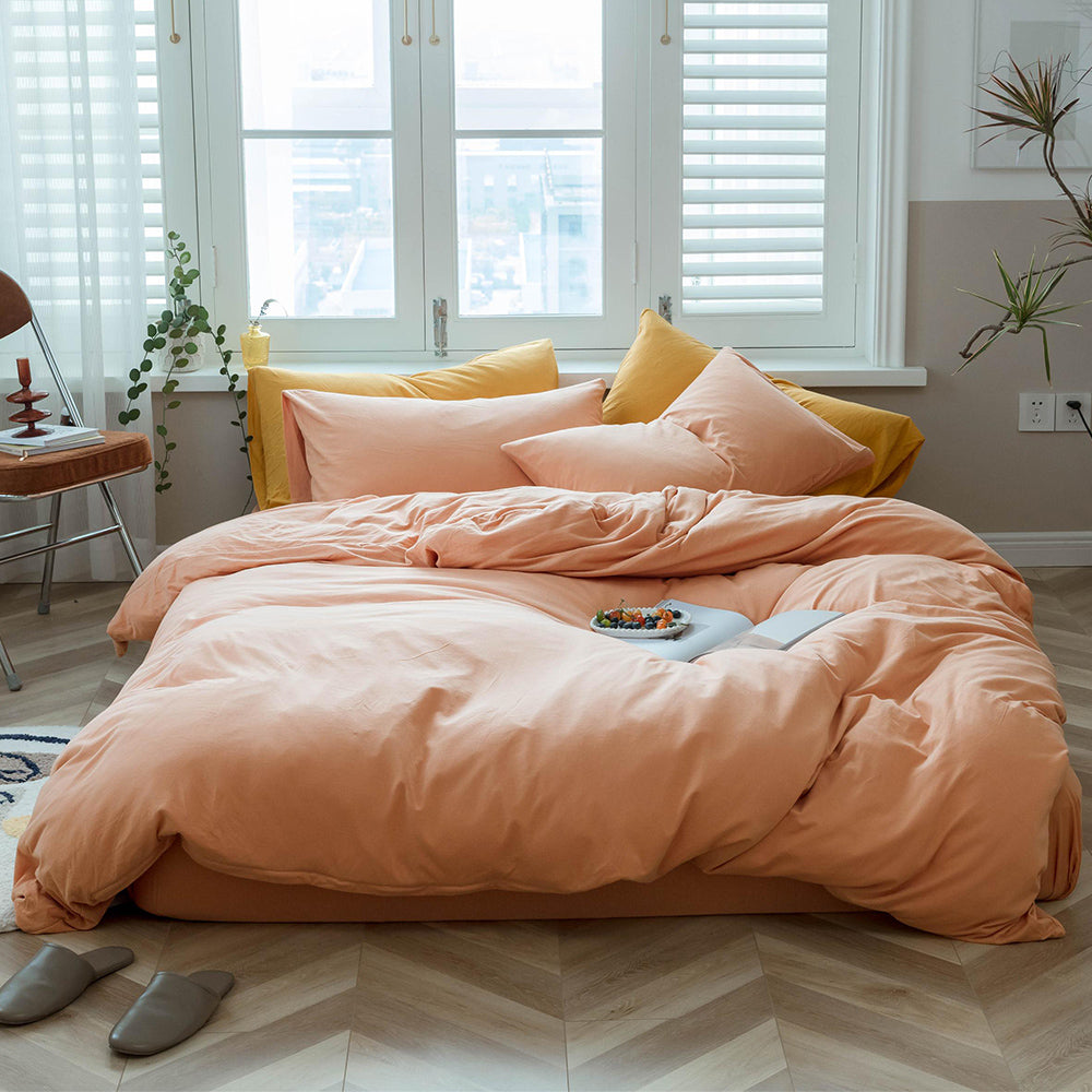 AMWAN Grapefruit Color 3 PCS 100% Cotton Jersey Knit Duvet Cover Queen Solid Pink Bedding Set