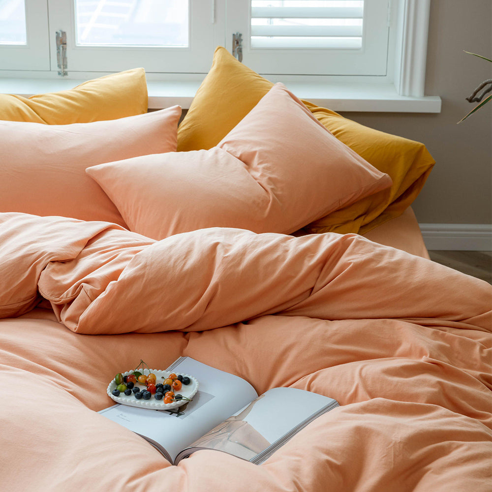 AMWAN Grapefruit Color 3 PCS 100% Cotton Jersey Knit Duvet Cover Queen Solid Pink Bedding Set