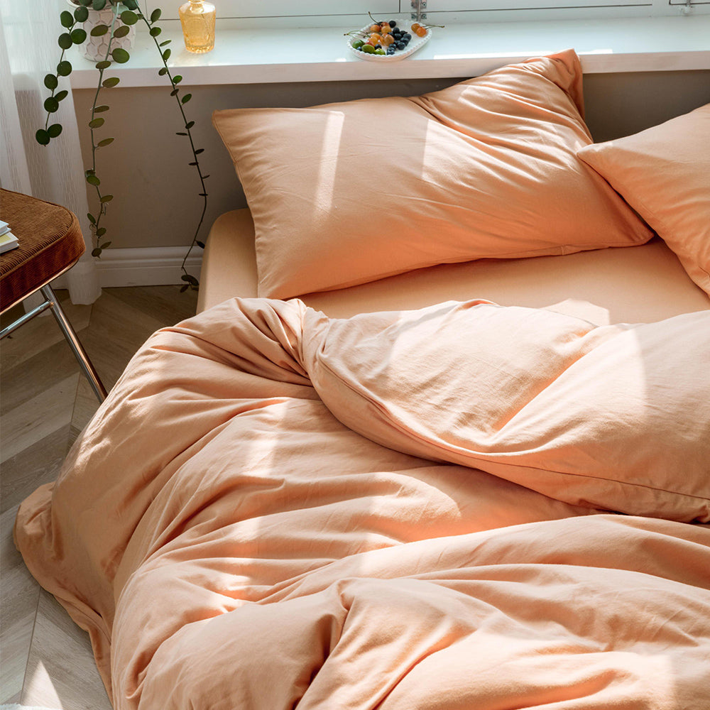 AMWAN Grapefruit Color 3 PCS 100% Cotton Jersey Knit Duvet Cover Queen Solid Pink Bedding Set