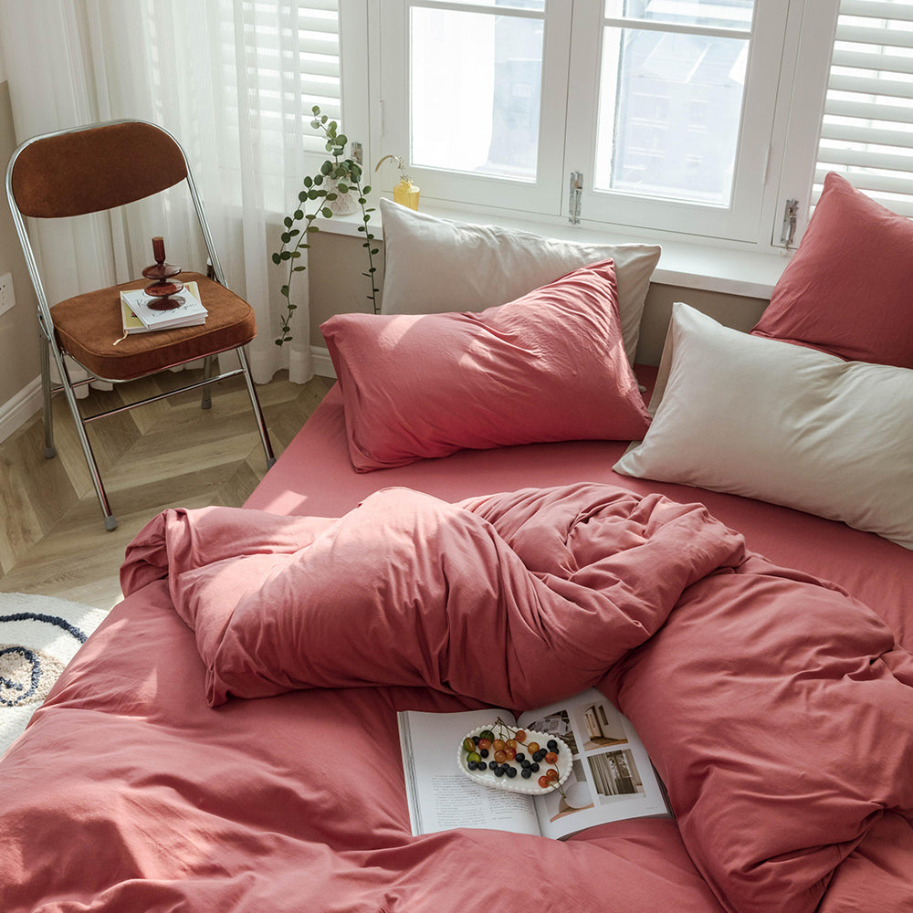 AMWAN Solid Raspberry red Duvet Cover Queen Red Solid Color Bedding Set Jersey Knit Cotton Comforter Cover