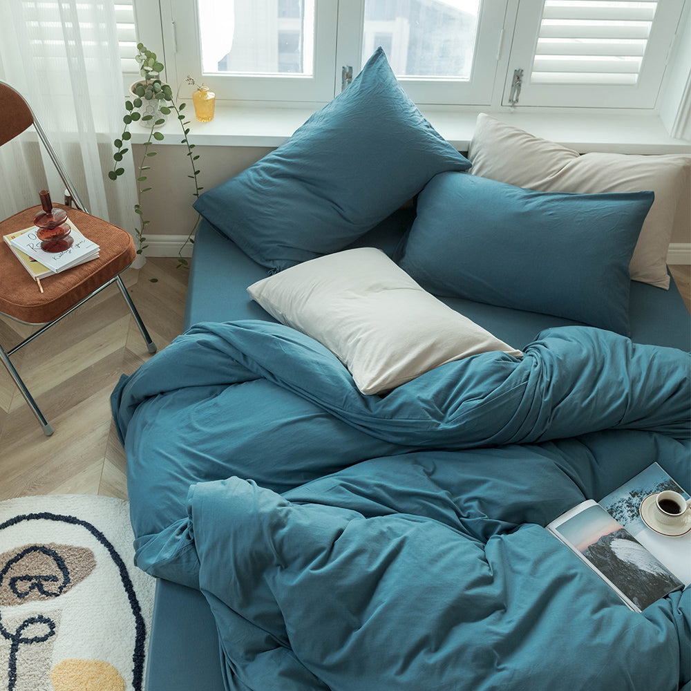 AMWAN Solid Blue Duvet Cover Queen Jersey Knit Cotton Bedding Set Bright Blue Comforter Cover Modern Solid Bedding Set