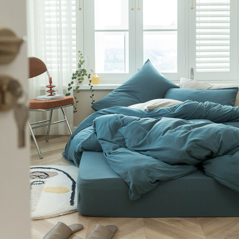 AMWAN Solid Blue Duvet Cover Queen Jersey Knit Cotton Bedding Set Bright Blue Comforter Cover Modern Solid Bedding Set