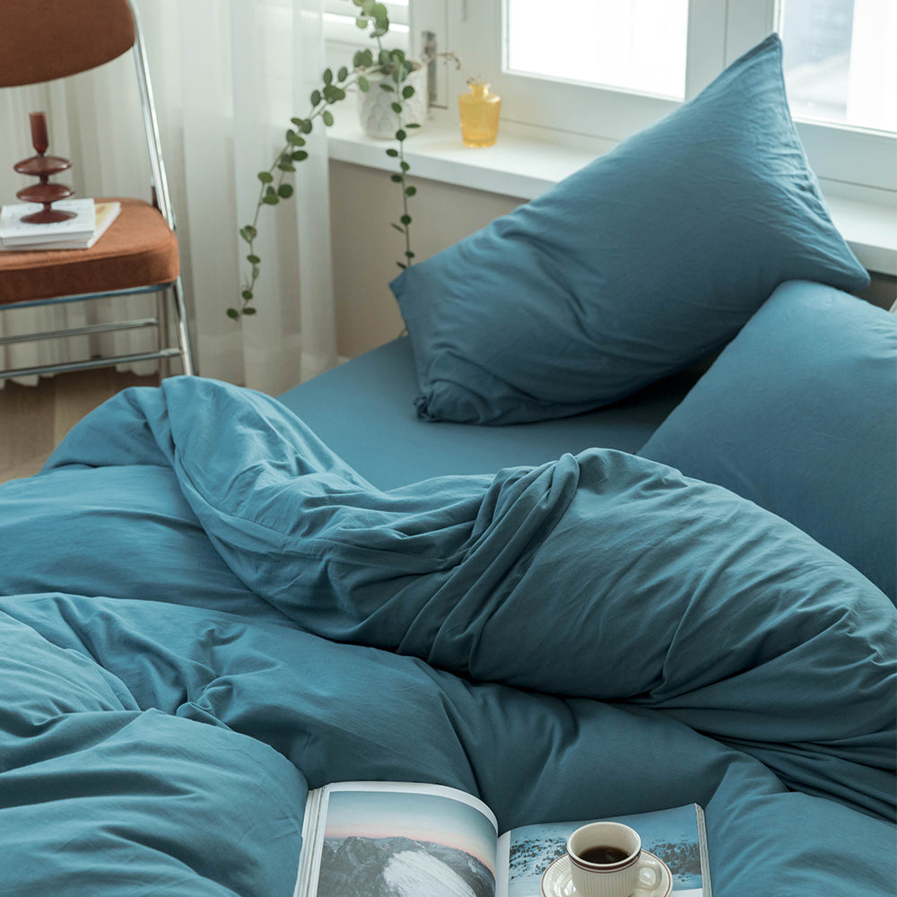AMWAN Solid Blue Duvet Cover Queen Jersey Knit Cotton Bedding Set Bright Blue Comforter Cover Modern Solid Bedding Set