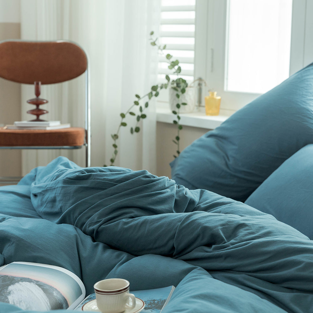 AMWAN Solid Blue Duvet Cover Queen Jersey Knit Cotton Bedding Set Bright Blue Comforter Cover Modern Solid Bedding Set