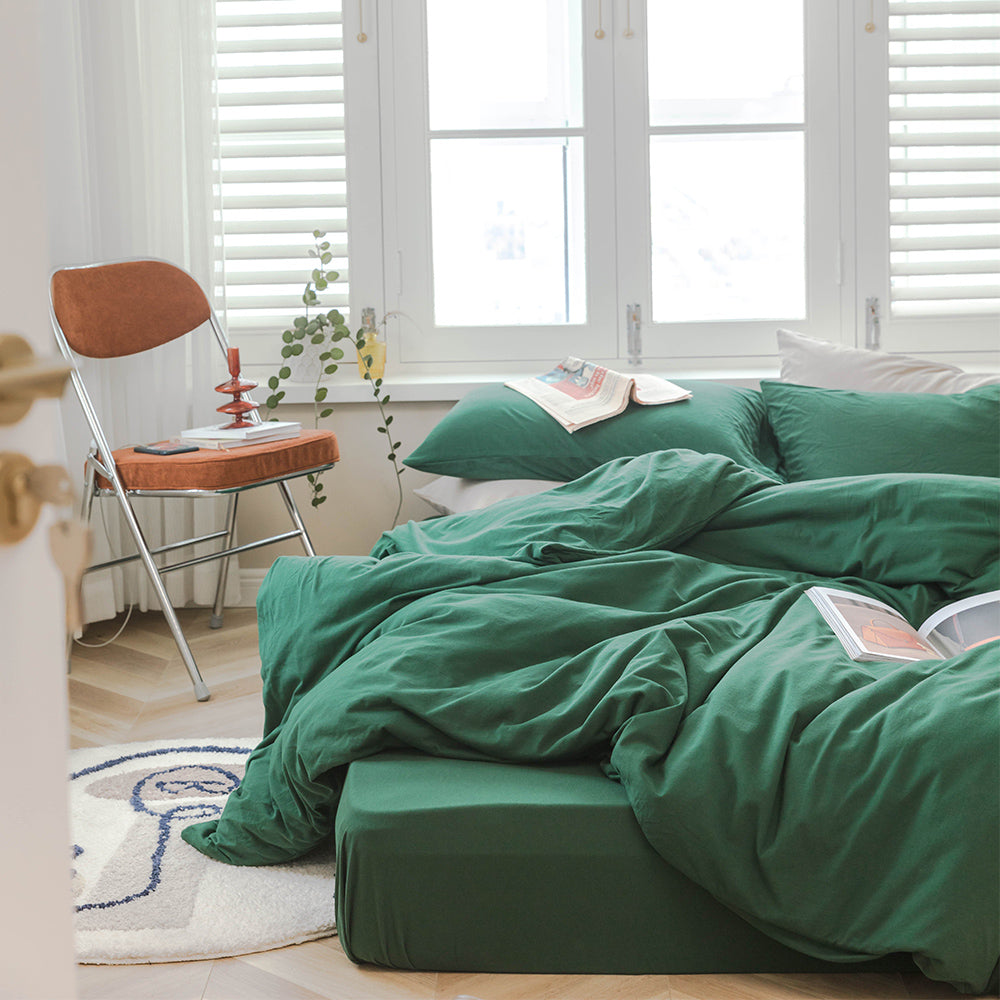 AMWAN Solid Green Duvet Cover King Size Modern Soft 100% Jersey Knit Cotton Comforter Cover