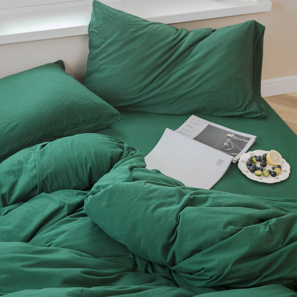 AMWAN Solid Green Duvet Cover King Size Modern Soft 100% Jersey Knit Cotton Comforter Cover