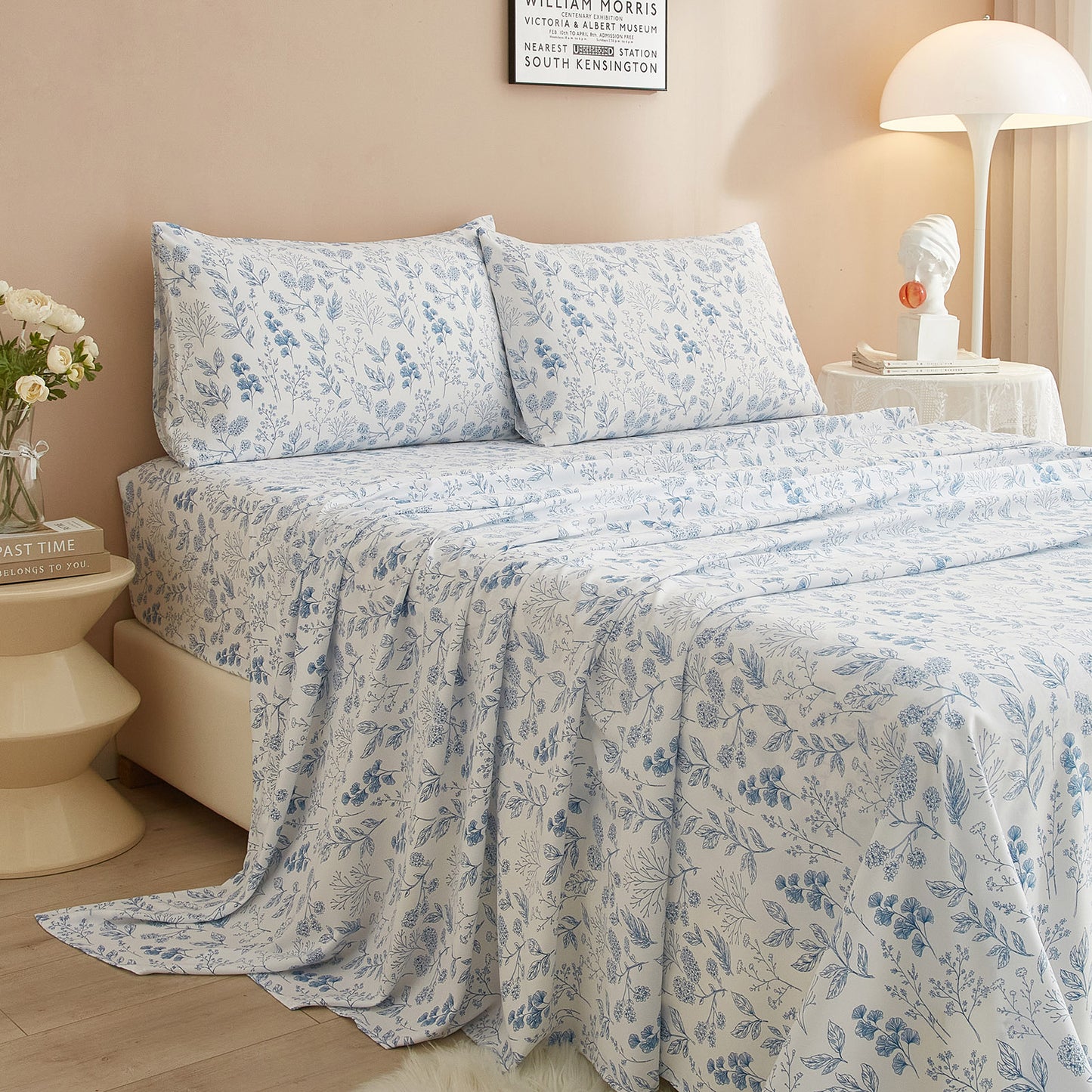 AMWAN Luxury Soft Queen Sheets Set White - Vintage Floral Sheets Cooling Bed Sheets Queen - 4 Piece Blue Floral Sheet Set - 16" Extra Deep Pocket Sheets,Breathable & Soft Sheets (Queen,Boho Floral)