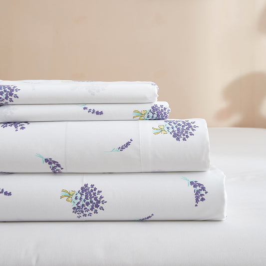 AMWAN Floral Queen Size Sheets Set White 4 Piece - Extra Deep Pocket Queen Sheets - Soft Flat Sheet - Cooling Bed Sheets Purple Floral Super Soft with Fitted Sheet,2 Pillowcases Set (Queen,Floral)