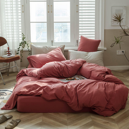 AMWAN Solid Raspberry red Duvet Cover Queen Red Solid Color Bedding Set Jersey Knit Cotton Comforter Cover
