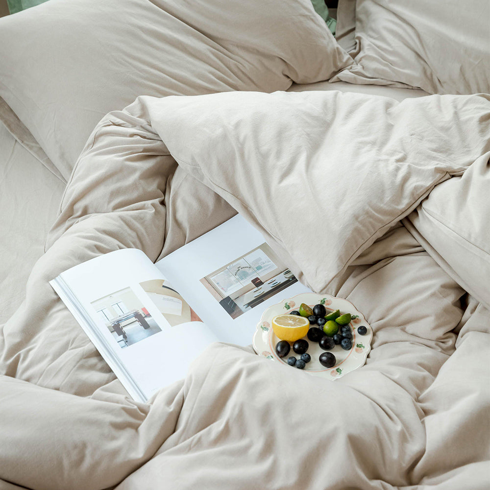 AMWAN Modern Solid Duvet Cover Set Queen Super Soft Knit Cotton Bedding Set Solid Apricot Color Comforter Cover 1 Duvet Cover 2 Pillowcases Hotel Quality